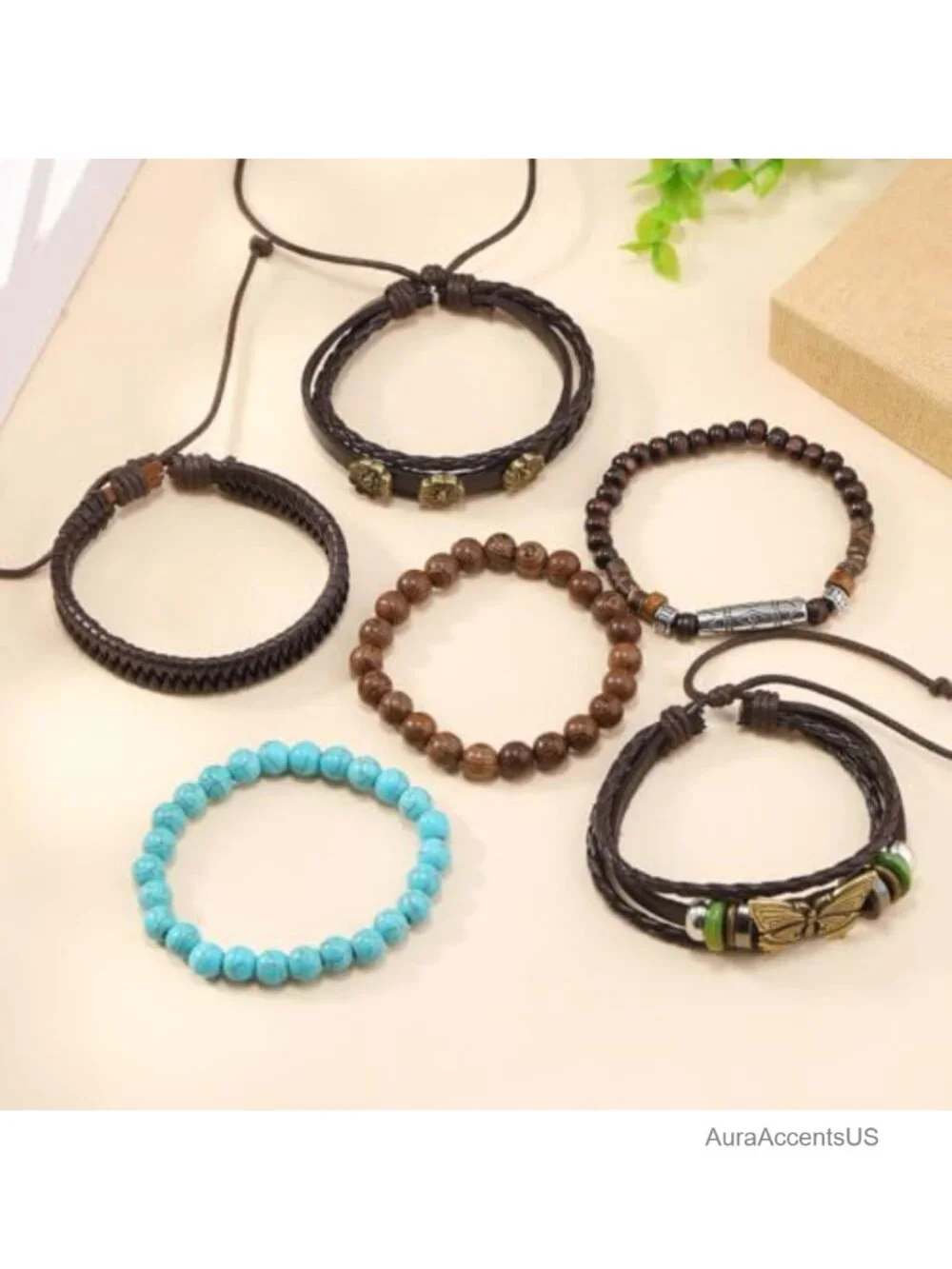 Boho Turquoise Beaded Leather Bracelets Multilayer Stackable Wrap Cuff Set